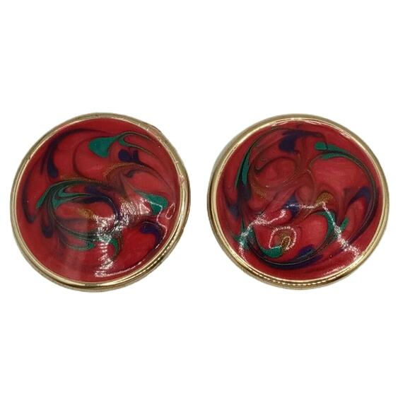 🌈 Vintage Swirl Enamel Earrings 💜 Clip-On Statement Retro Gold Tone - Picture 3 of 12